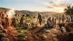 Biblical scene showing creation of a man, shepherds with sheep, and a resurrection burial site