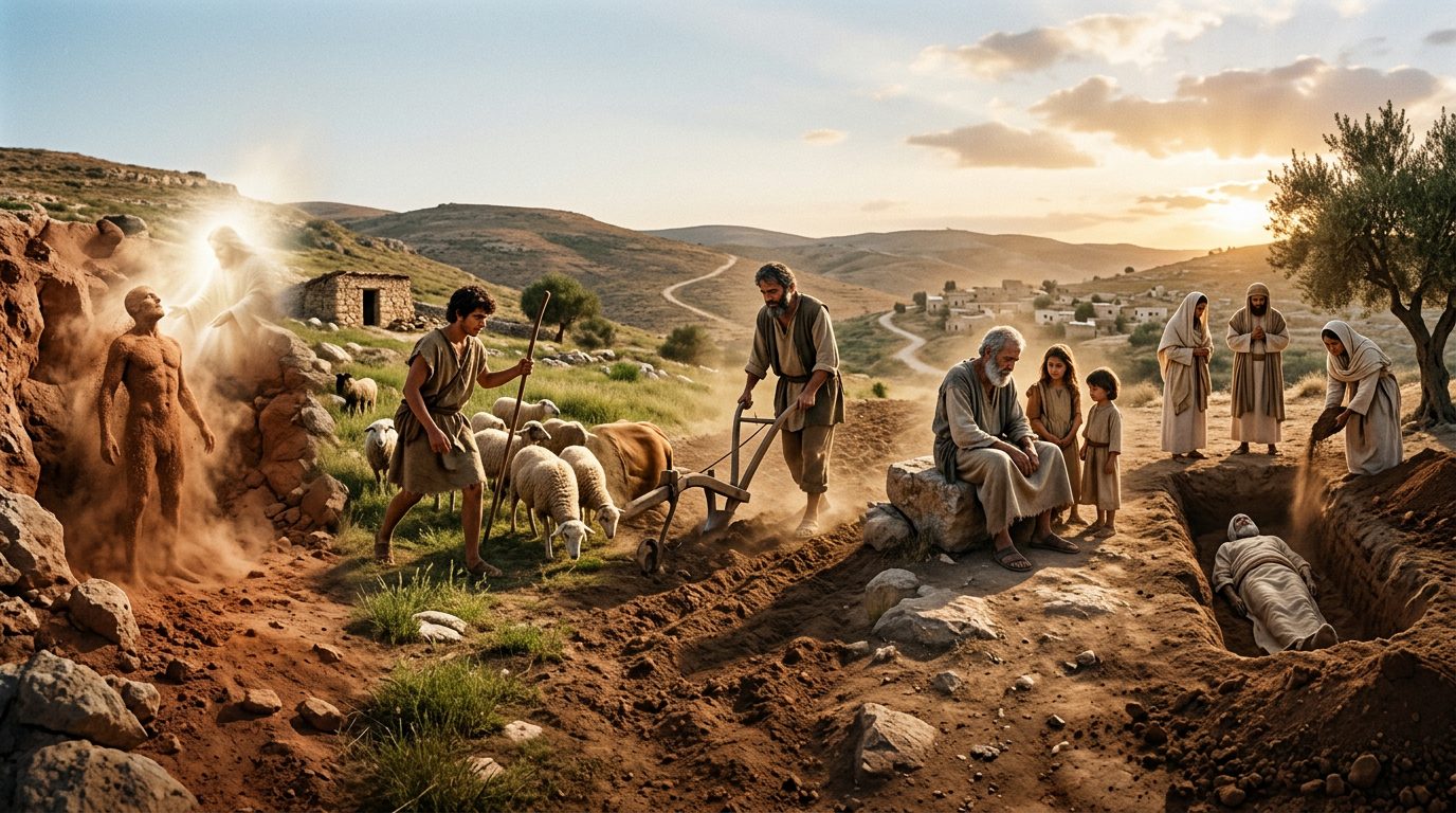 Biblical scene showing creation of a man, shepherds with sheep, and a resurrection burial site