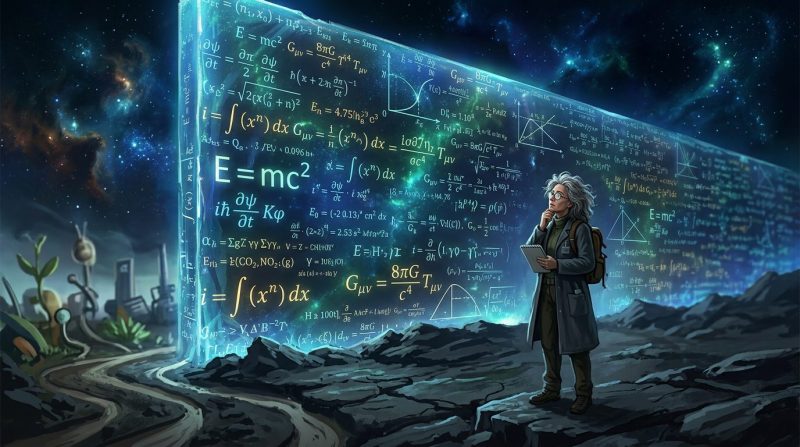Scientist with tablet analyzing large illuminated physics formulas in a rocky, space-like environment
